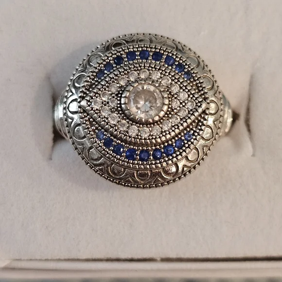 Sterling Silver .925 Eye-Inspired Ring With Blue and Clear Gemstones Size 8 - Picture 1 of 6
